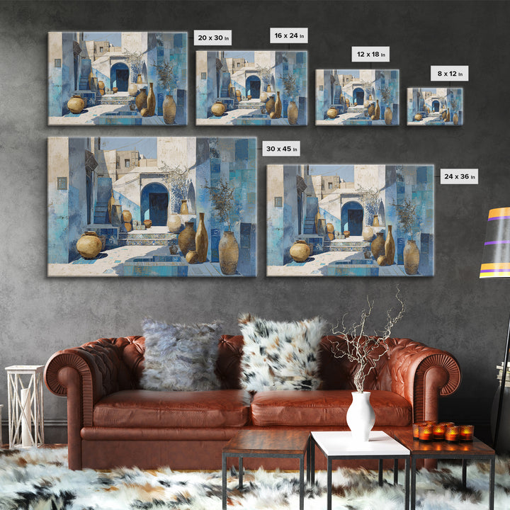 Blue City Alley Rendered as Painterly Shapes Canvas Print, Moroccan Art, Travel Wall Art, Living Room Decor, Abstract Art, MOR-3x2-58