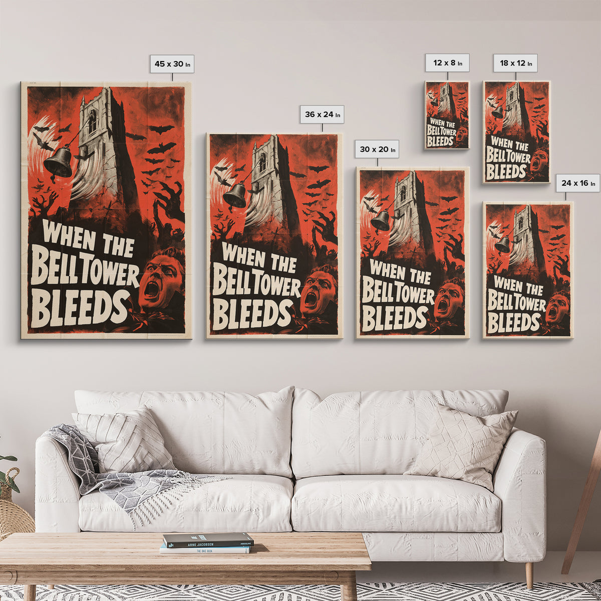 When The Bell Tower Bleeds, English Language Horror Movie Poster, 1950s Creature-Feature One-Sheet Inspired Art, Cult Horror Poster
