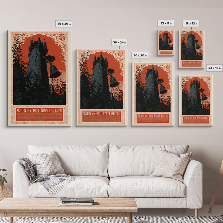 When The Bell Tower Bleeds, English Language Horror Movie Poster, Decadent Line Art, Retro Horror Movie Art, Canvas Print