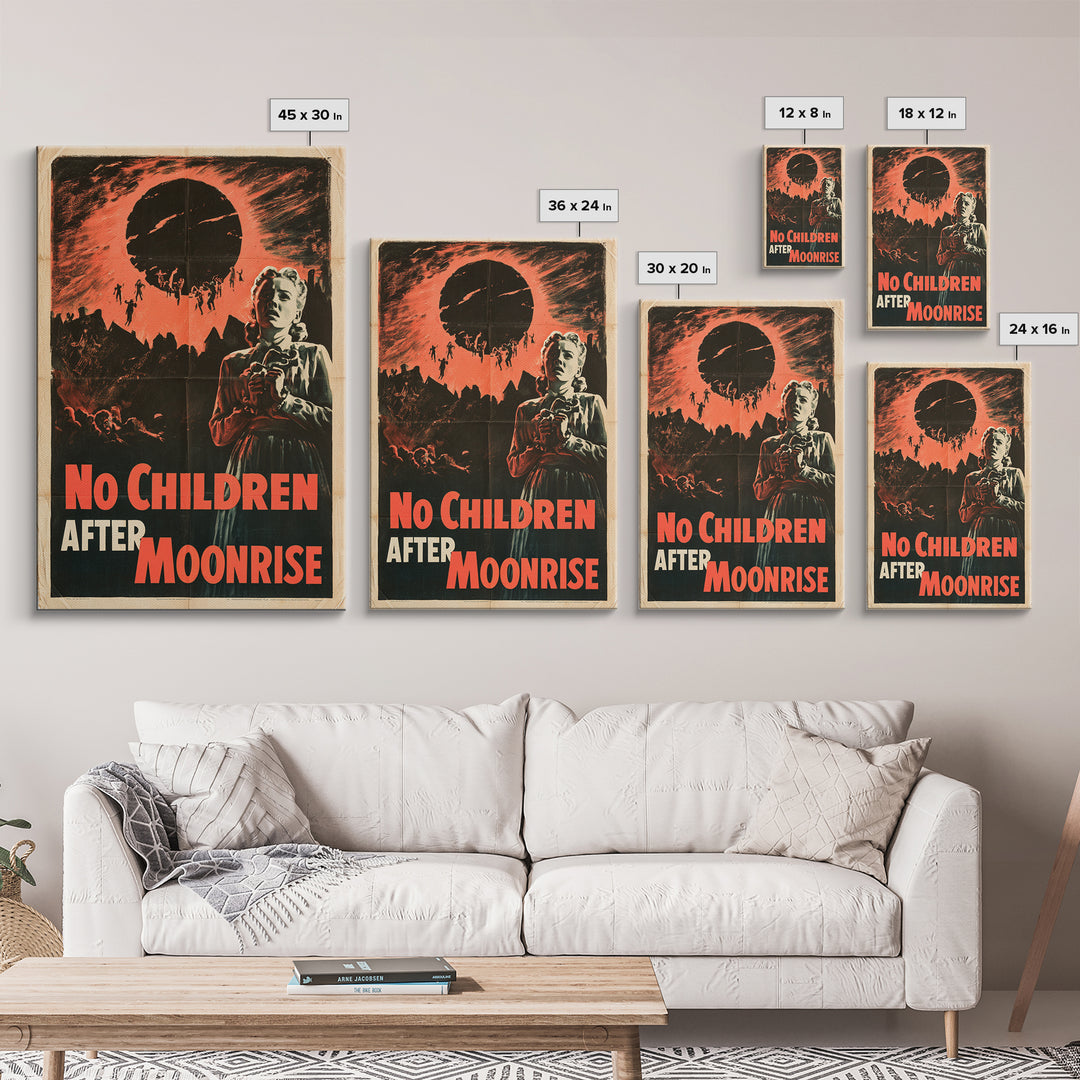 No Children After Moonrise, English Language Horror Movie Poster, 1950s Creature-Feature One-Sheet Inspired Art, Retro Horror Movie Art