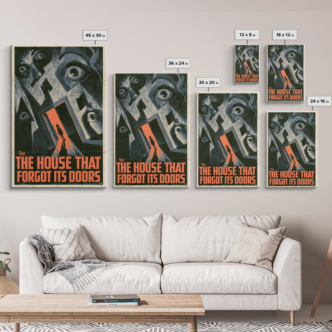 The House That Forgot Its Doors, English Language Horror Movie Poster, 1930s Horror Art, Retro Horror Movie Art, Framed Canvas Print