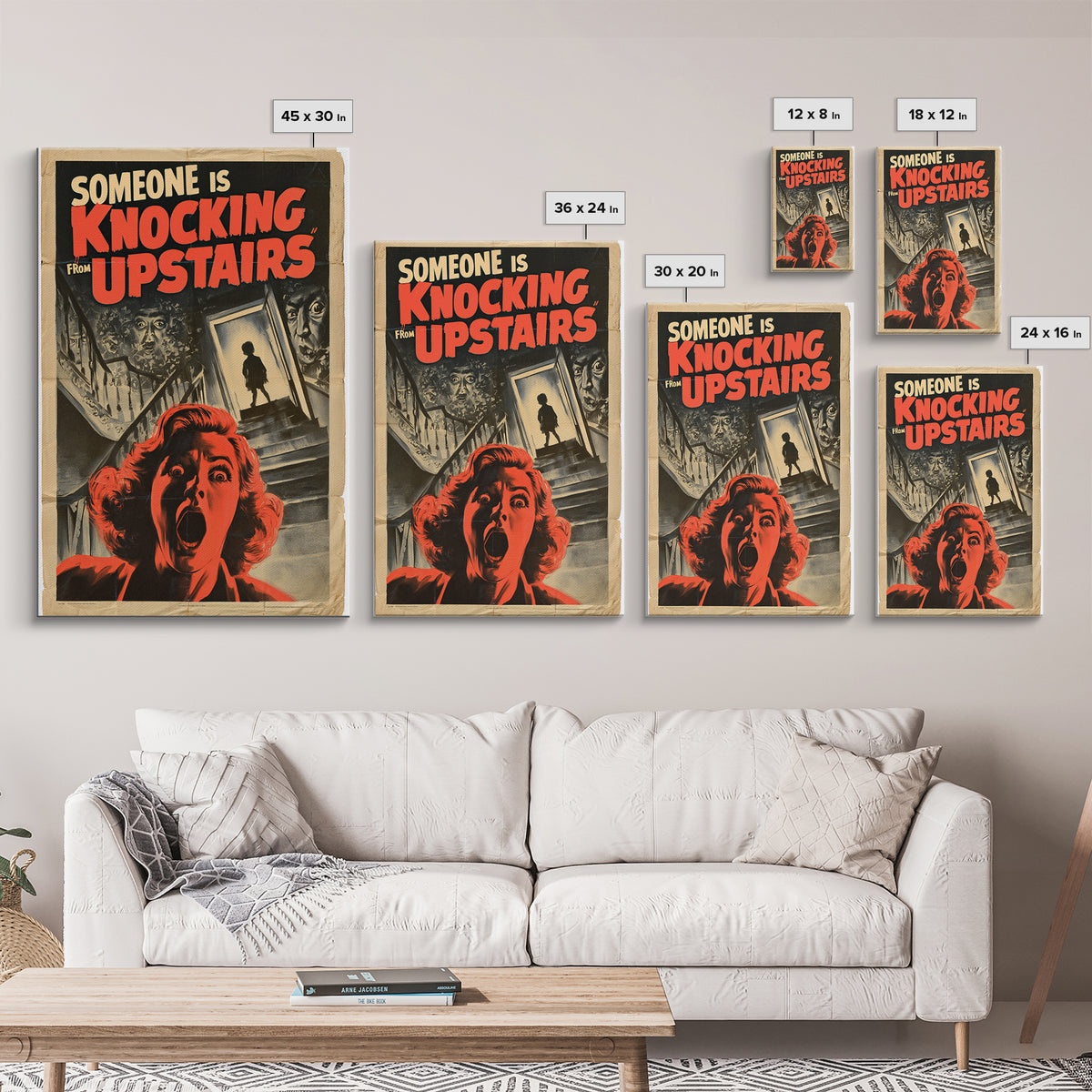 Someone Is Knocking From Upstairs, English Language Horror Movie Poster, 1950s Creature-Feature One-Sheet Inspired Art, Canvas Print