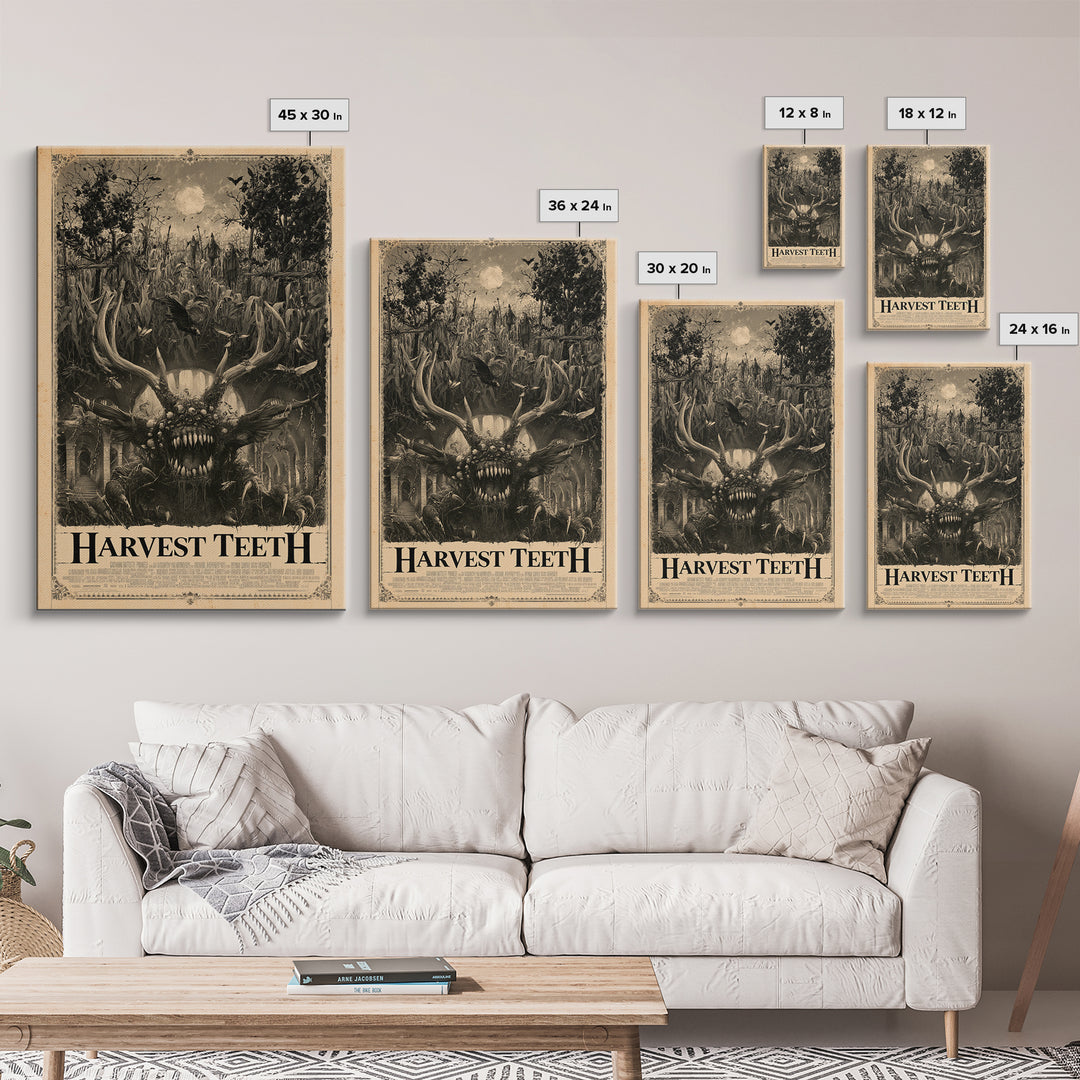 Harvest Teeth, English Language Horror Movie Poster, Architectural Etching Art, Classic Monster Poster, Framed Canvas Print