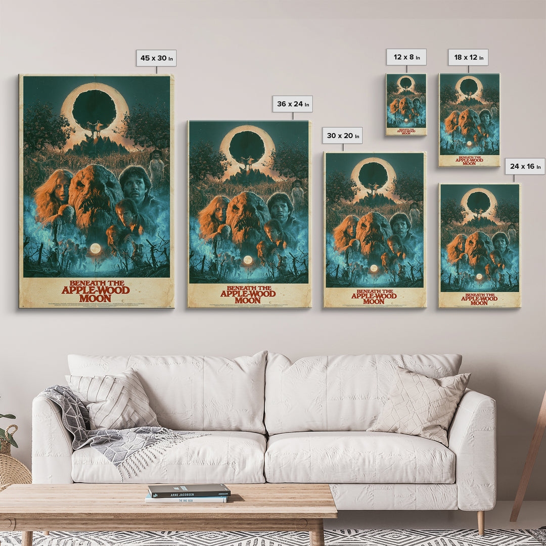 Beneath The Apple-Wood Moon, English Language Horror Movie Poster, 1980s Vhs Nightmare Cover Inspired Art, Retro Horror Movie Art