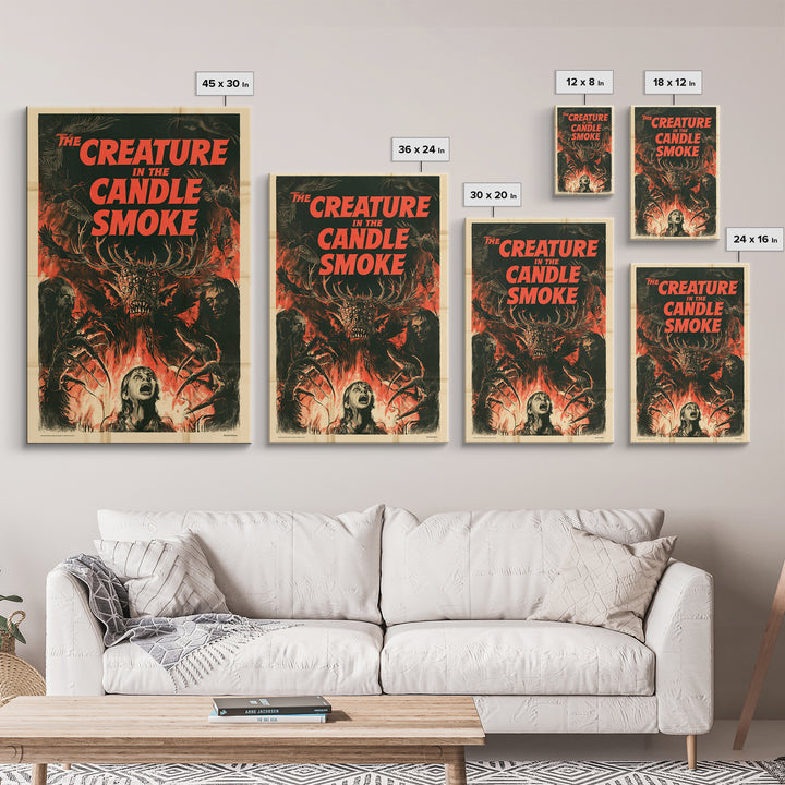 The Creature In The Candle Smoke, English Language Horror Movie Poster, 1950s Creature-Feature One-Sheet Inspired Art, Cult Horror Poster