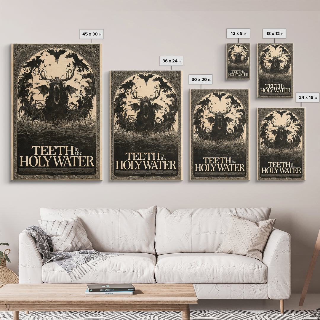 Teeth In The Holy Water, English Language Horror Movie Poster, Decadent Line Art, Classic Monster Poster, Framed Canvas Print