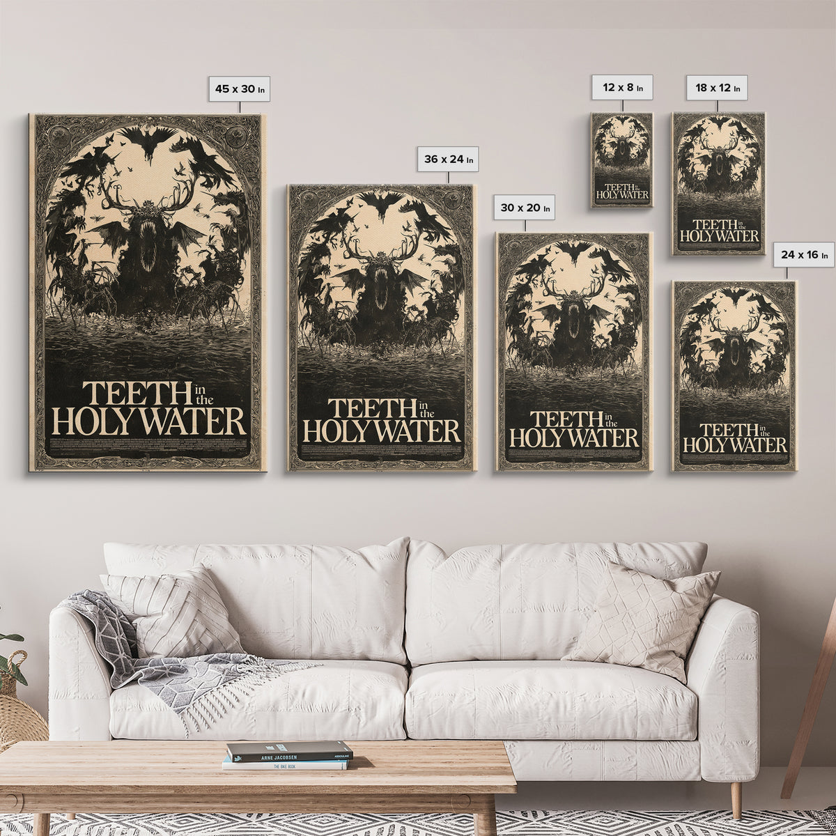 Teeth In The Holy Water, English Language Horror Movie Poster, Decadent Line Art, Classic Monster Poster, Framed Canvas Print