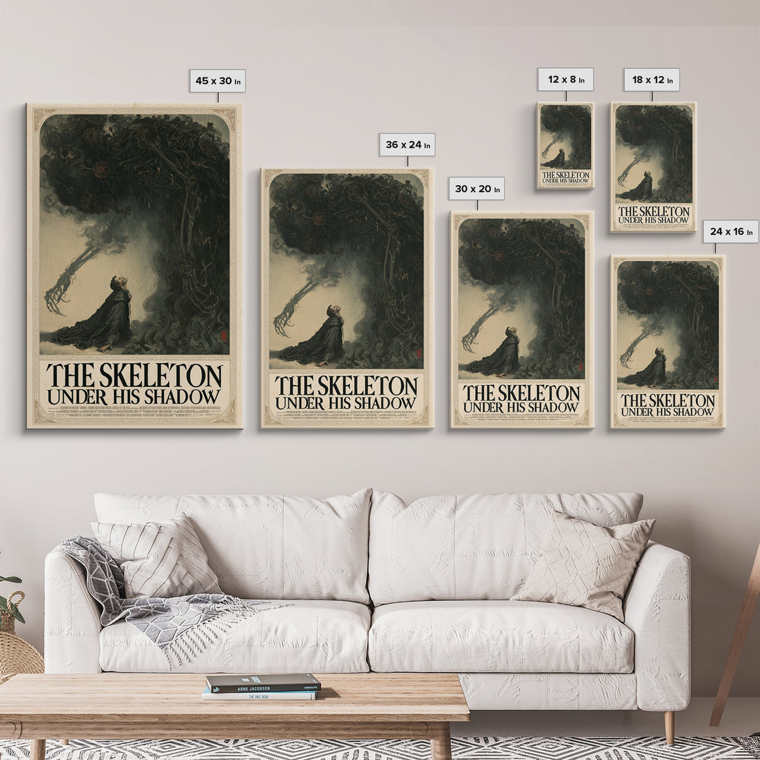 The Skeleton Under His Shadow, English Language Horror Movie Poster, Gothic Nightmare Art, Cult Horror Poster, Framed Canvas Print