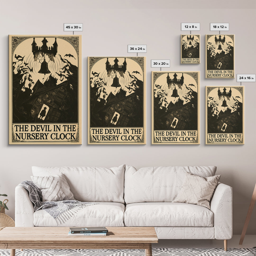 The Devil In The Nursery Clock, English Language Horror Movie Poster, Decadent Line Art, Cult Horror Poster, Framed Canvas Print