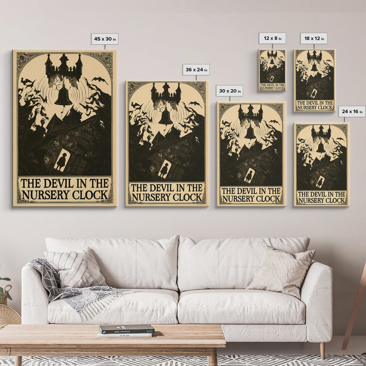 The Devil In The Nursery Clock, English Language Horror Movie Poster, Decadent Line Art, Cult Horror Poster, Framed Canvas Print