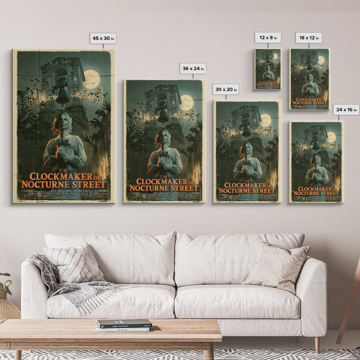 The Clockmaker Of Nocturne Street, English Language Horror Movie Poster, Giallo Horror Art, Retro Horror Movie Art, Framed Canvas Print