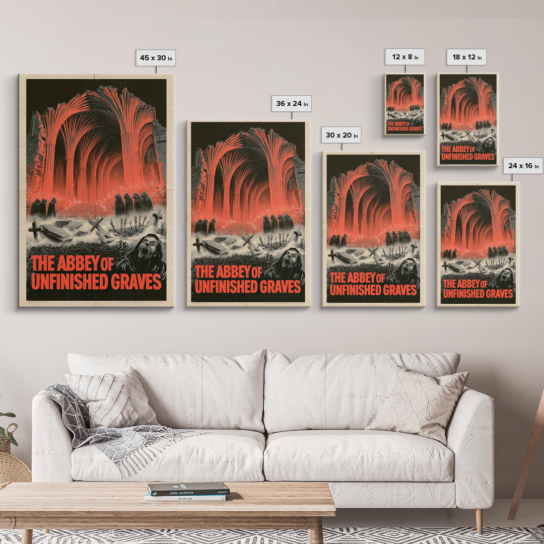 The Abbey Of Unfinished Graves, English Language Horror Movie Poster, 1950s Creature-Feature One-Sheet Inspired Art, Gothic Cinema Wall Art