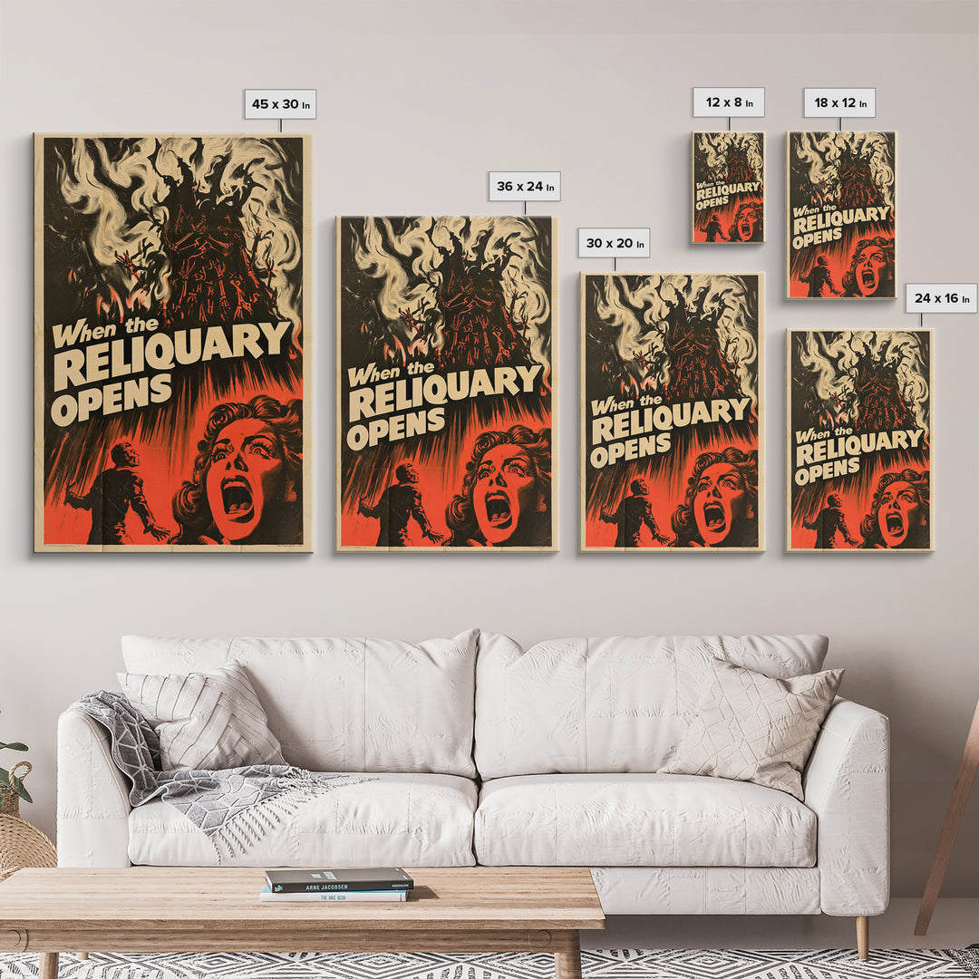 When The Reliquary Opens, English Language Horror Movie Poster, 1950s Creature-Feature One-Sheet Inspired Art, Gothic Cinema Wall Art