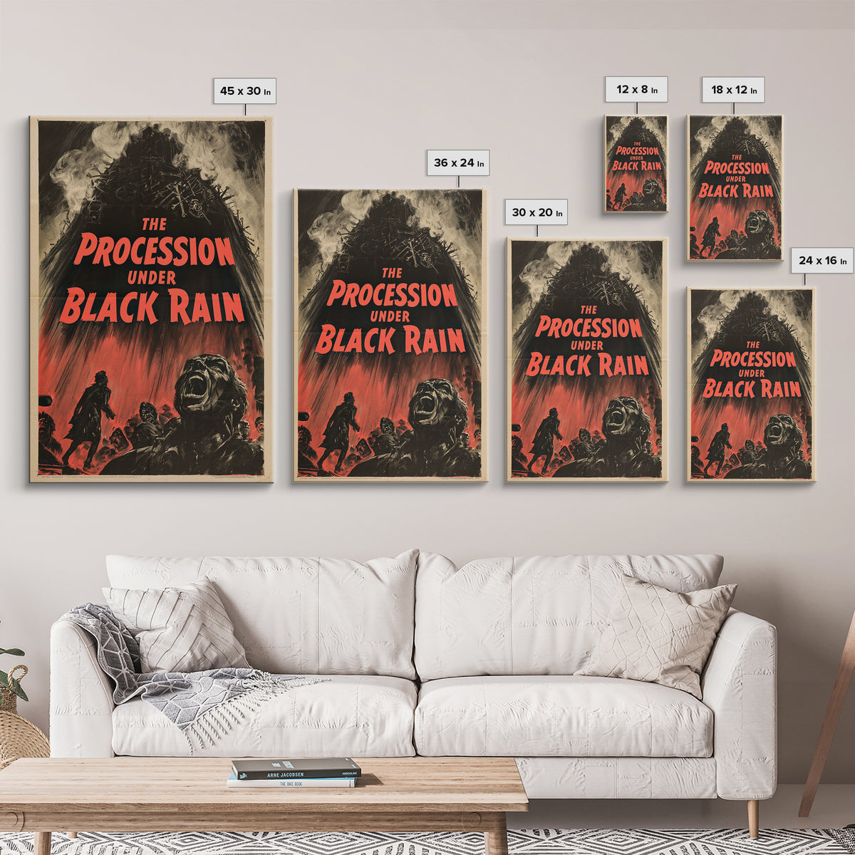 The Procession Under Black Rain, English Language Horror Movie Poster, 1950s Creature-Feature One-Sheet Inspired Art, Cult Horror Poster