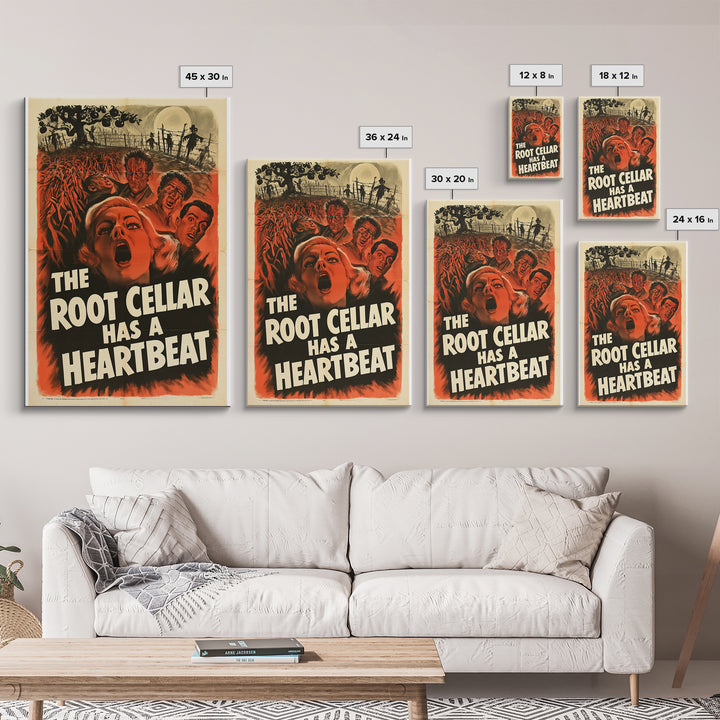 The Root Cellar Has A Heartbeat, English Language Horror Movie Poster, 1950s Creature-Feature One-Sheet Inspired Art, Gothic Cinema Wall Art