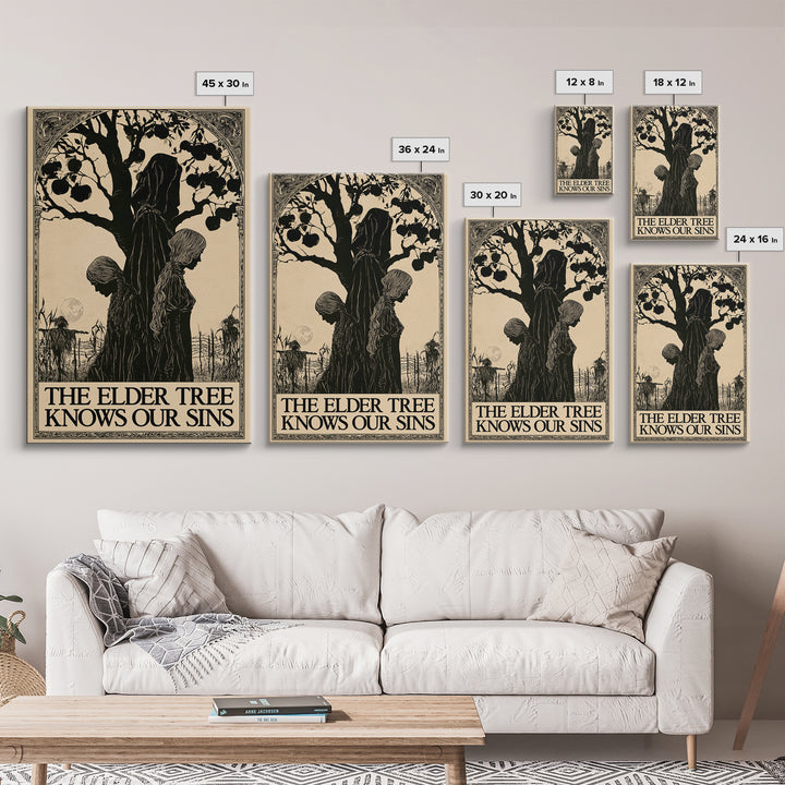 The Elder Tree Knows Our Sins, English Language Horror Movie Poster, Decadent Line Art, Classic Monster Poster, Canvas Print