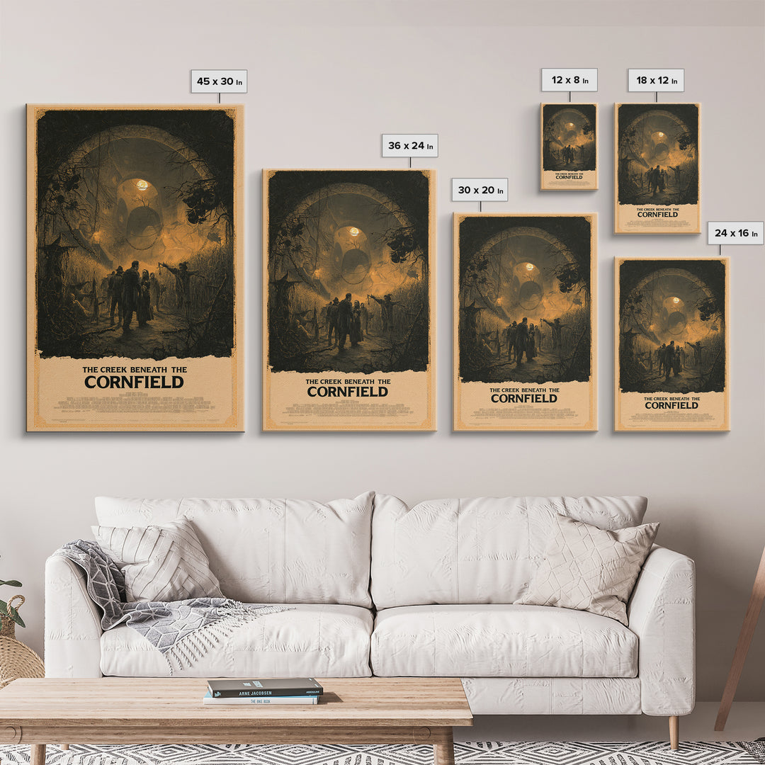 The Creek Beneath The Cornfield, English Language Horror Movie Poster, Architectural Etching Art, Classic Monster Poster