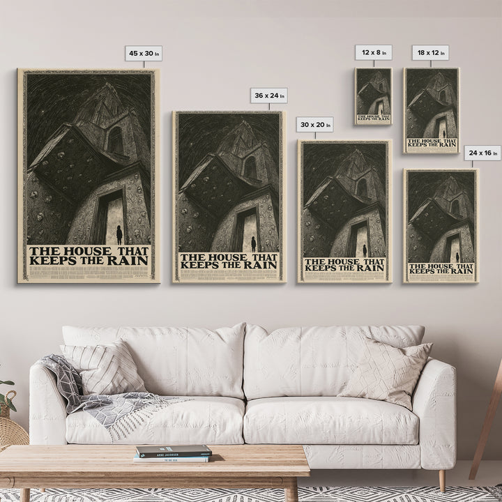 The House That Keeps The Rain, English Language Horror Movie Poster, Gothic Engraving Art, Retro Horror Movie Art, Framed Canvas Print