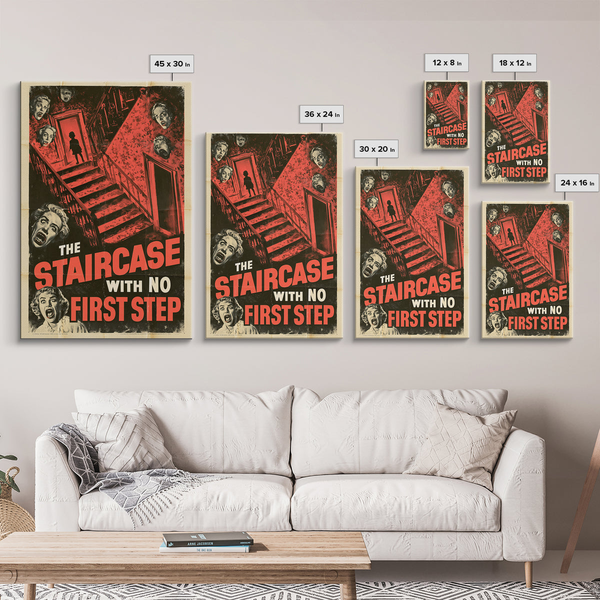 The Staircase With No First Step, English Language Horror Movie Poster, 1950s Creature-Feature One-Sheet Inspired Art, Canvas Print