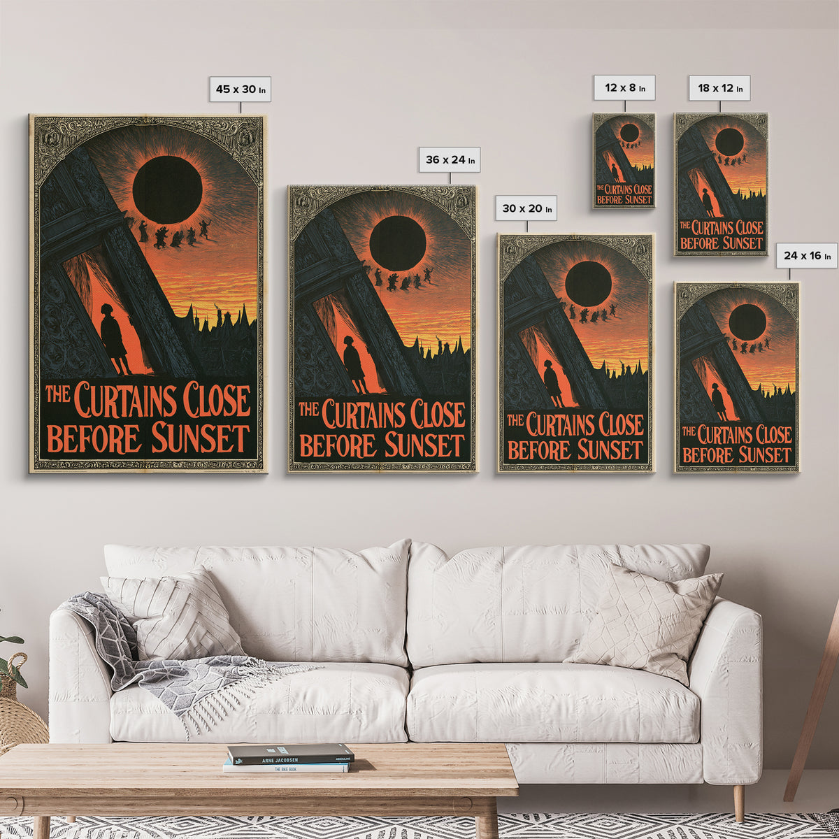 The Curtains Close Before Sunset, English Language Horror Movie Poster, Decadent Line Art, Retro Horror Movie Art, Canvas Print