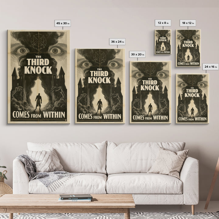 The Third Knock Comes From Within, English Language Horror Movie Poster, 1930s Horror Art, Gothic Cinema Wall Art, Framed Canvas Print