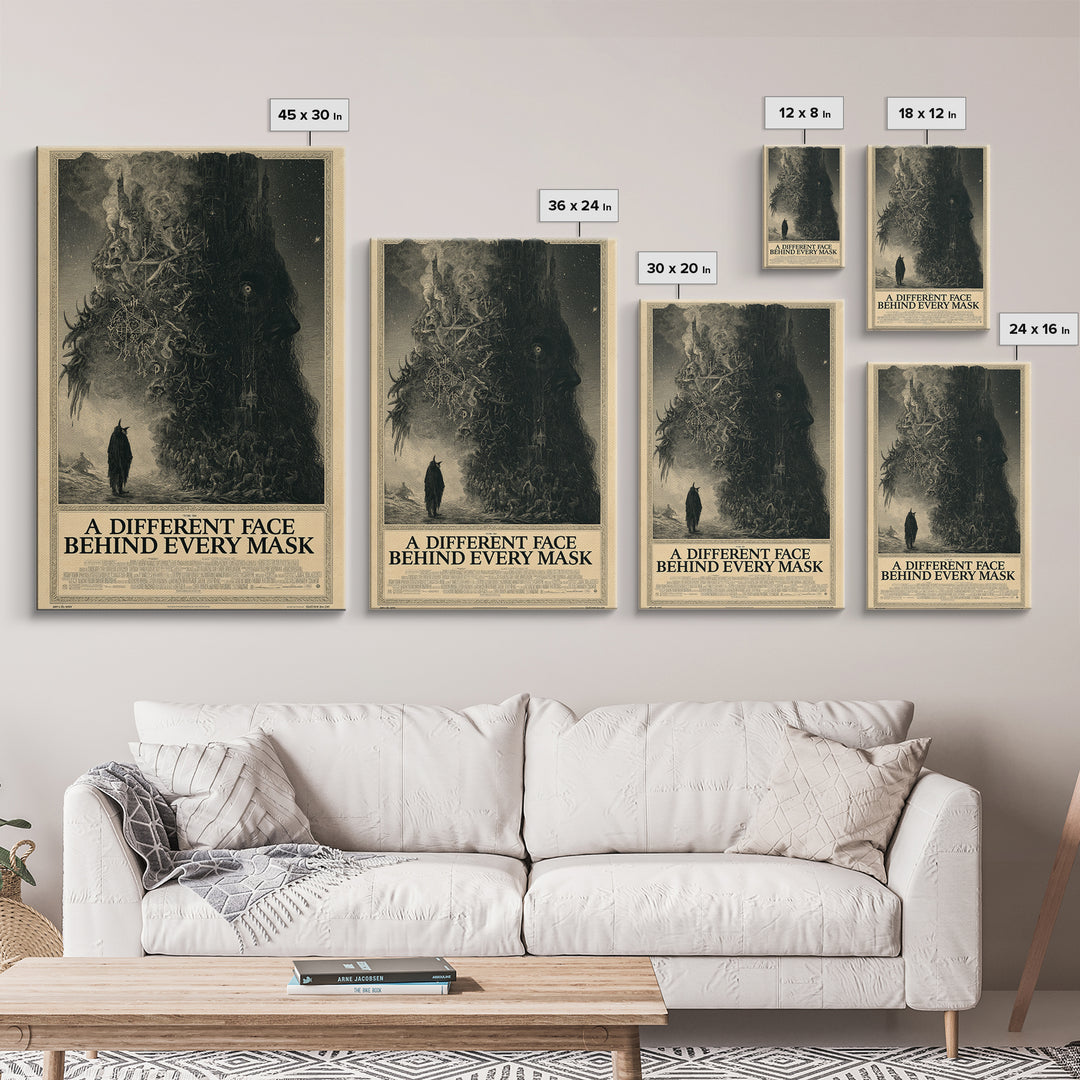 A Different Face Behind Every Mask, English Language Horror Movie Poster, Gothic Engraving Art, Gothic Cinema Wall Art