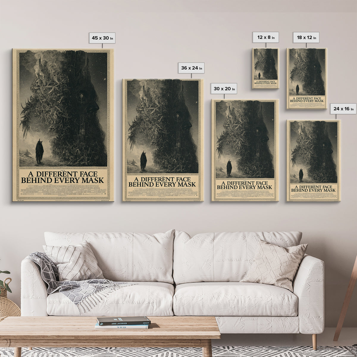 A Different Face Behind Every Mask, English Language Horror Movie Poster, Gothic Engraving Art, Gothic Cinema Wall Art