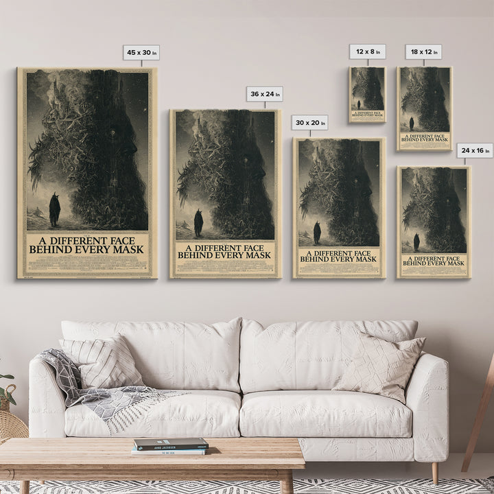A Different Face Behind Every Mask, English Language Horror Movie Poster, Gothic Engraving Art, Gothic Cinema Wall Art