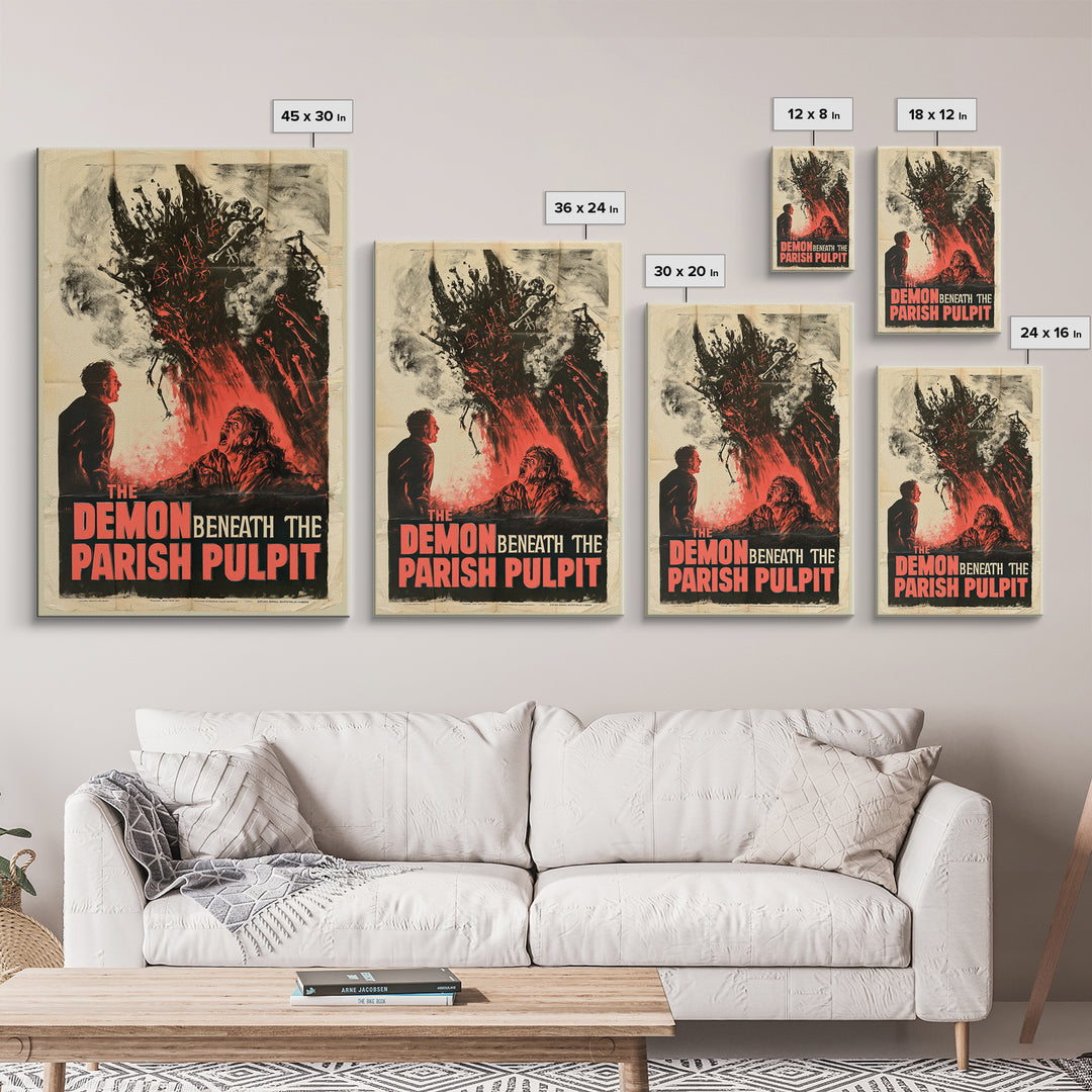 The Demon Beneath The Parish Pulpit, English Language Horror Movie Poster, 1950s Creature-Feature One-Sheet Inspired Art, Canvas Print