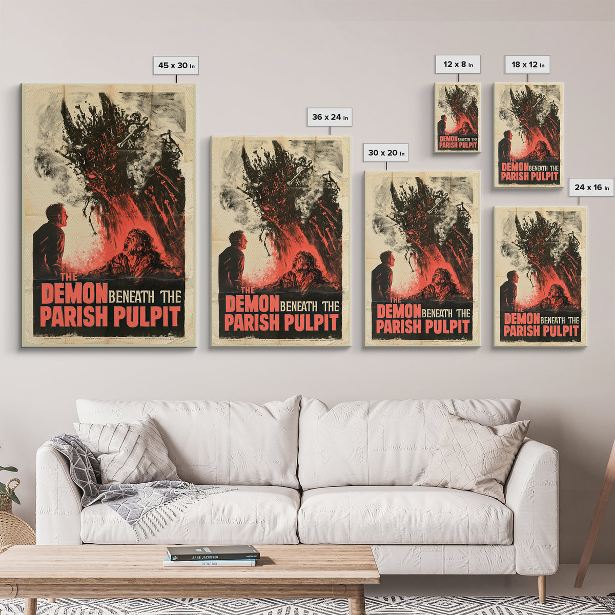 The Demon Beneath The Parish Pulpit, English Language Horror Movie Poster, 1950s Creature-Feature One-Sheet Inspired Art, Canvas Print