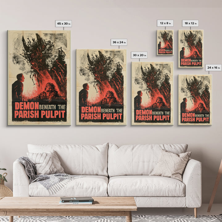 The Demon Beneath The Parish Pulpit, English Language Horror Movie Poster, 1950s Creature-Feature One-Sheet Inspired Art, Canvas Print