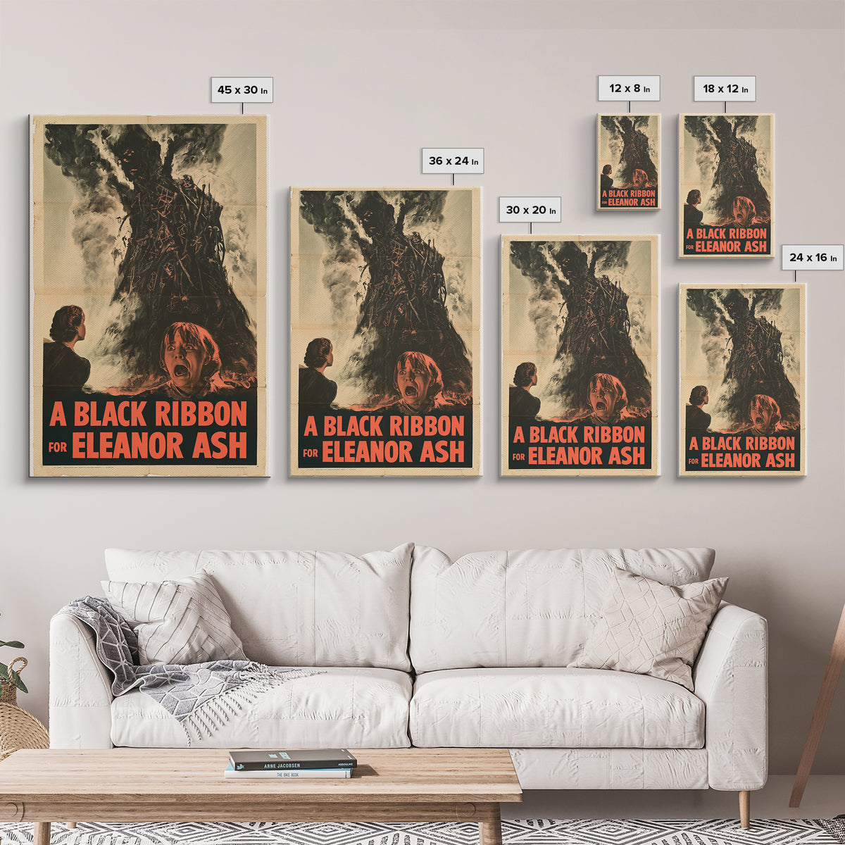 A Black Ribbon For Eleanor Ash, English Language Horror Movie Poster, 1950s Creature-Feature One-Sheet Inspired Art, Retro Horror Movie Art
