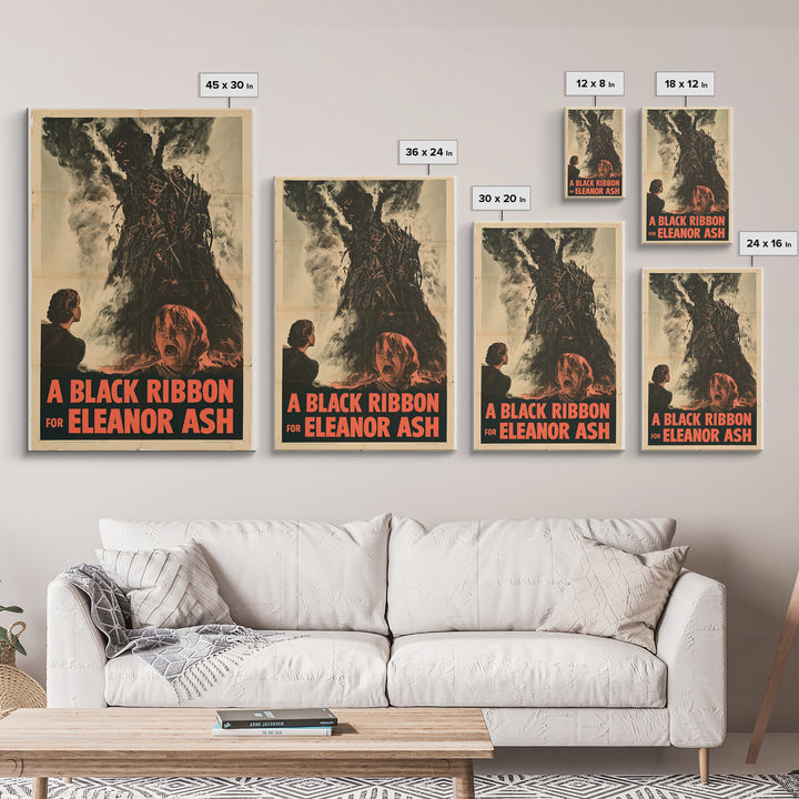 A Black Ribbon For Eleanor Ash, English Language Horror Movie Poster, 1950s Creature-Feature One-Sheet Inspired Art, Retro Horror Movie Art
