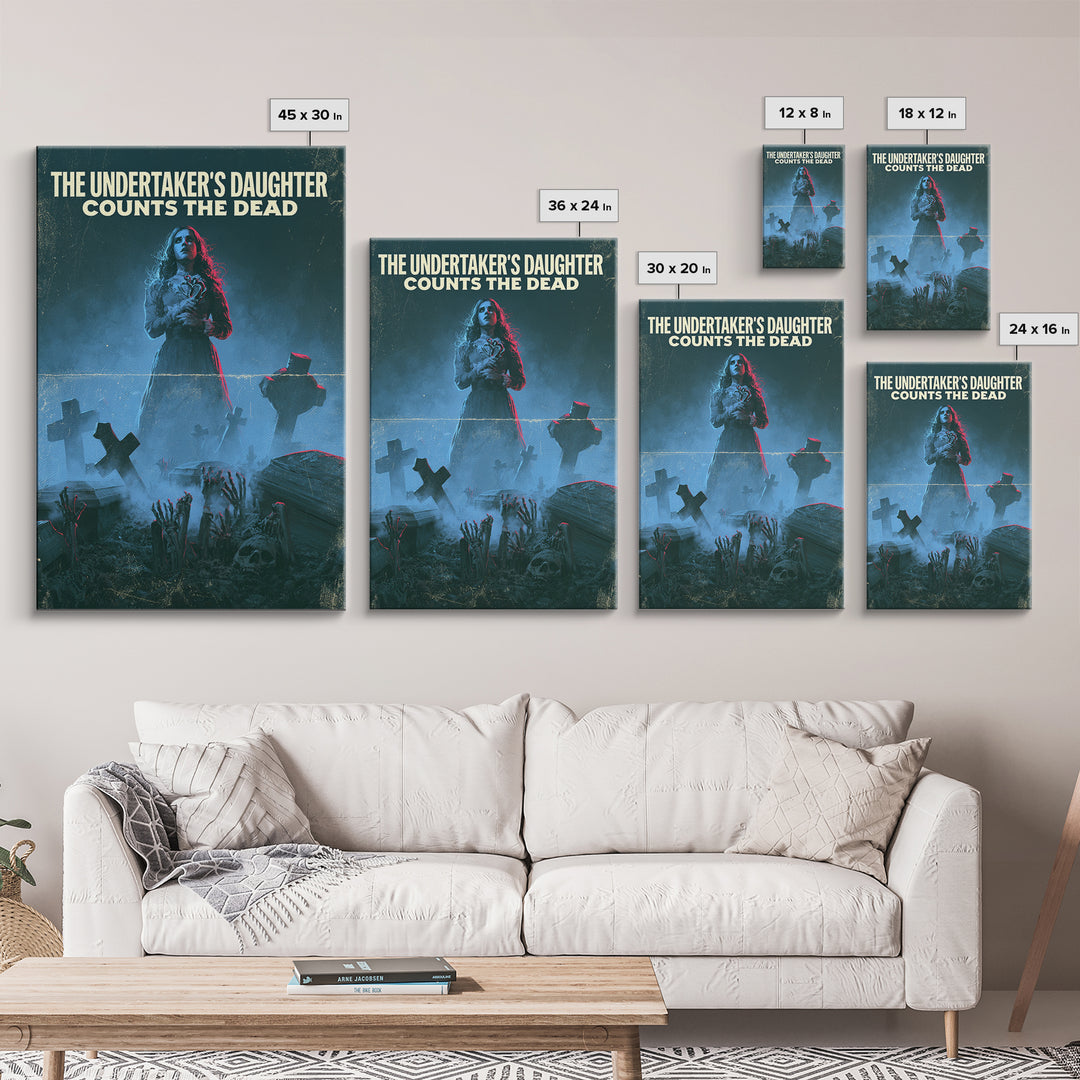 The Undertaker'S Daughter Counts The Dead, English Language Horror Movie Poster, 1980s Vhs Nightmare Cover Inspired Art, Framed Canvas Print