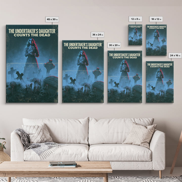 The Undertaker'S Daughter Counts The Dead, English Language Horror Movie Poster, 1980s Vhs Nightmare Cover Inspired Art, Framed Canvas Print