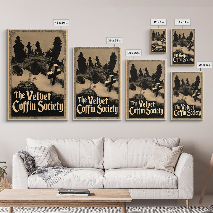 The Velvet Coffin Society, English Language Horror Movie Poster, Decadent Line Art, Gothic Cinema Wall Art, Framed Canvas Print