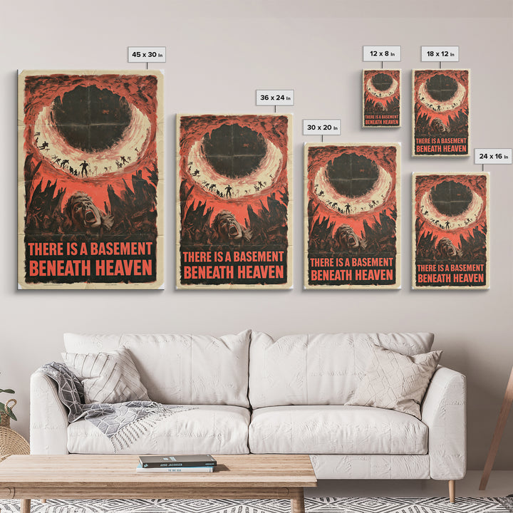 There Is A Basement Beneath Heaven, English Language Horror Movie Poster, 1950s Creature-Feature One-Sheet Inspired Art, Canvas Print