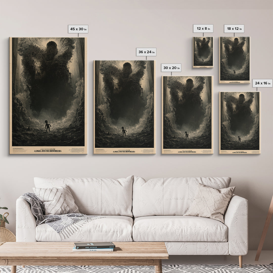 An Angel Fell Into The Drowned Sea, English Language Horror Movie Poster, Gothic Engraving Art, Cult Horror Poster, Framed Canvas Print