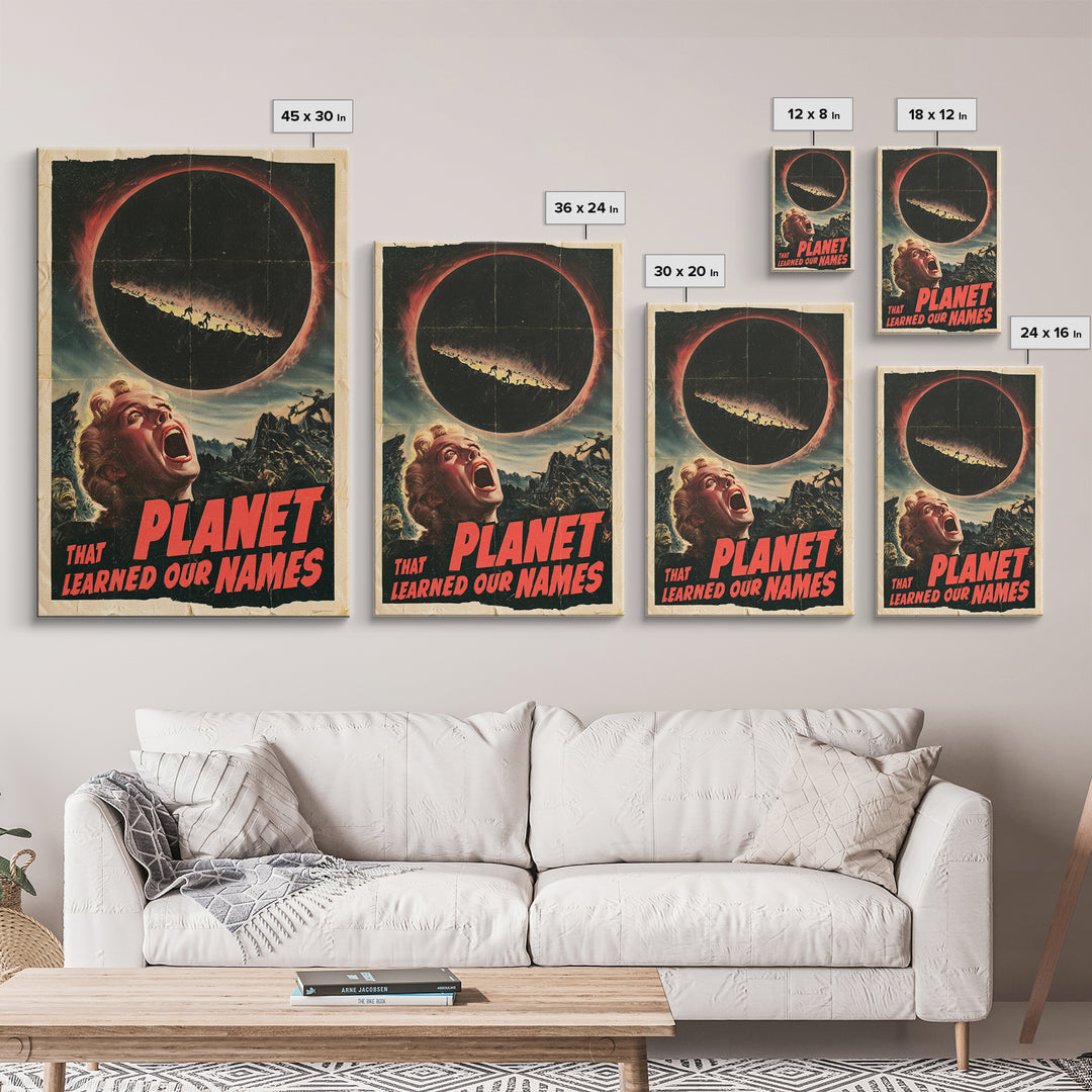 The Planet That Learned Our Names, English Language Horror Movie Poster, 1950s Creature-Feature One-Sheet Inspired Art, Canvas Print
