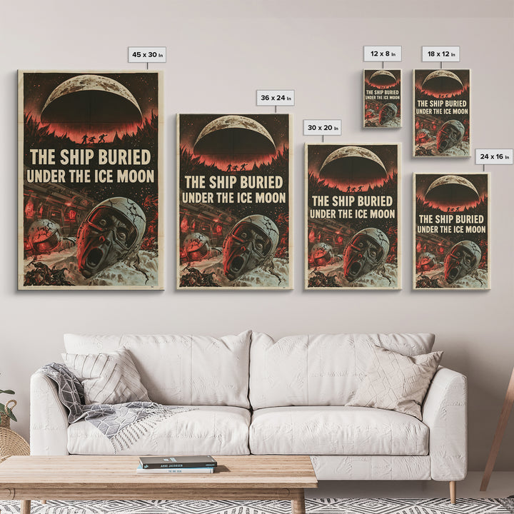 The Ship Buried Under The Ice Moon, English Language Horror Movie Poster, 1950s Creature-Feature One-Sheet Inspired Art, Framed Canvas Print