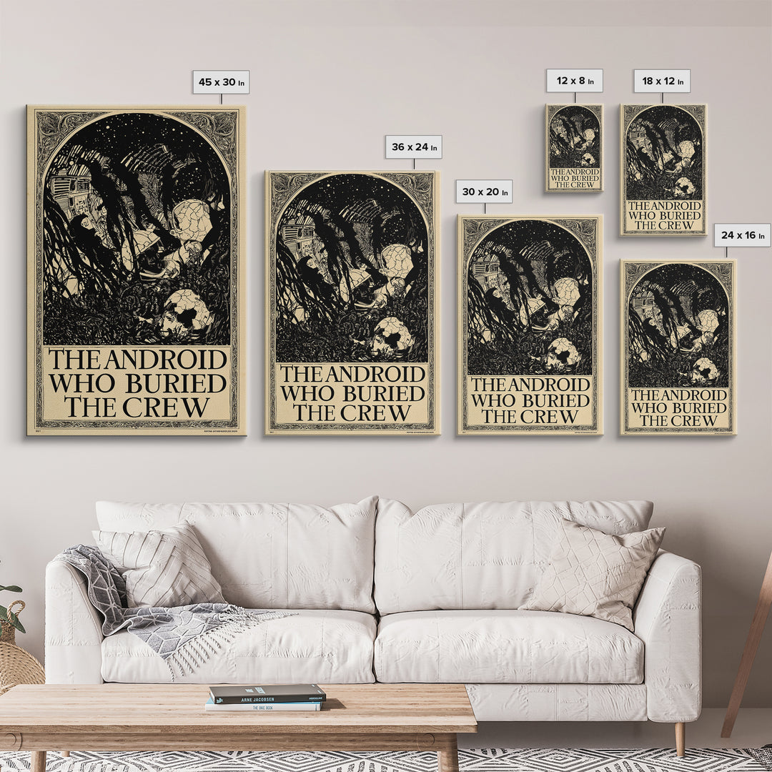The Android Who Buried The Crew, English Language Horror Movie Poster, Decadent Line Art, Classic Monster Poster, Canvas Print