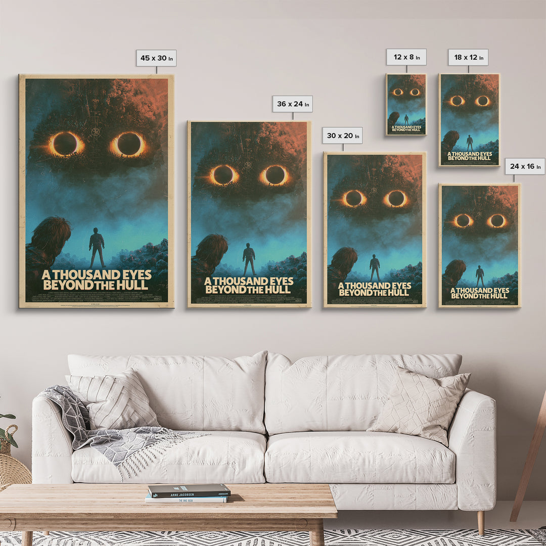 A Thousand Eyes Beyond The Hull, English Language Horror Movie Poster, 1980s Vhs Nightmare Cover Inspired Art, Retro Horror Movie Art