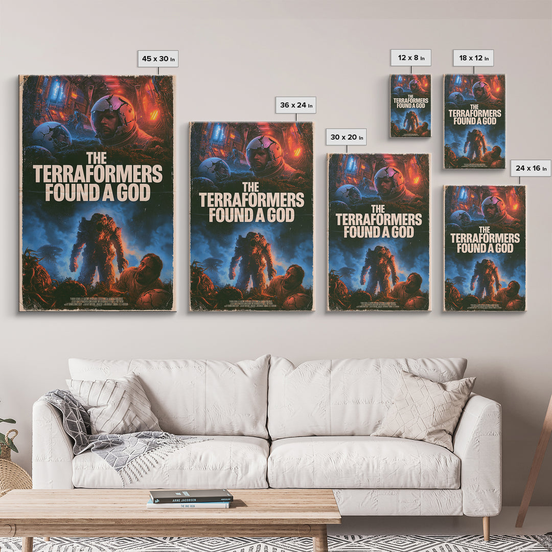 The Terraformers Found A God, English Language Horror Movie Poster, 1980s Vhs Nightmare Cover Inspired Art, Retro Horror Movie Art