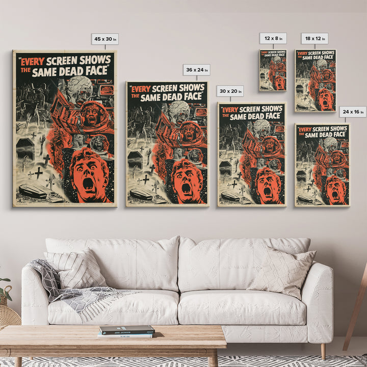 Every Screen Shows The Same Dead Face, English Language Horror Movie Poster, 1950s Creature-Feature One-Sheet Inspired Art, Horror Wall Art