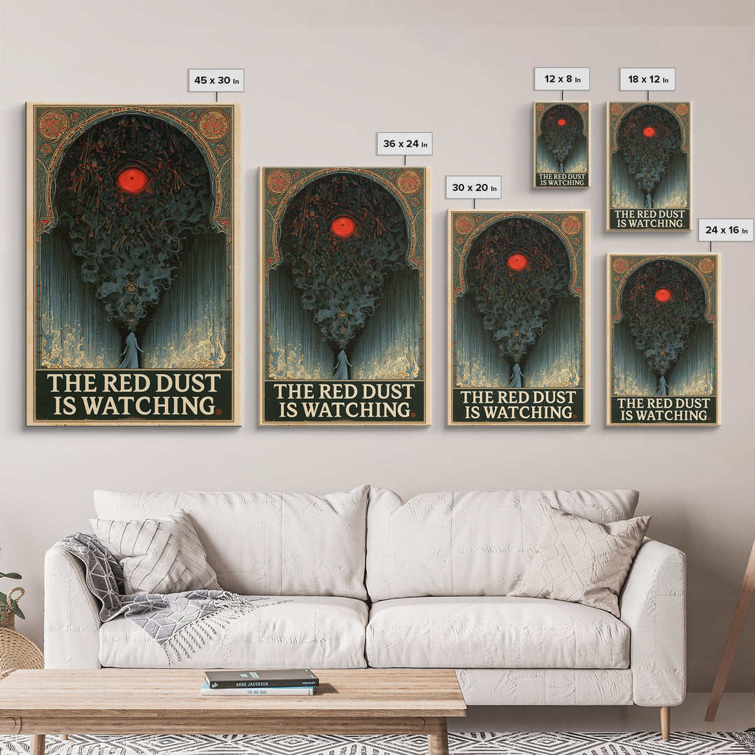 The Red Dust Is Watching, English Language Horror Movie Poster, Stained Glass Gothic Art, Retro Horror Movie Art, Framed Canvas Print