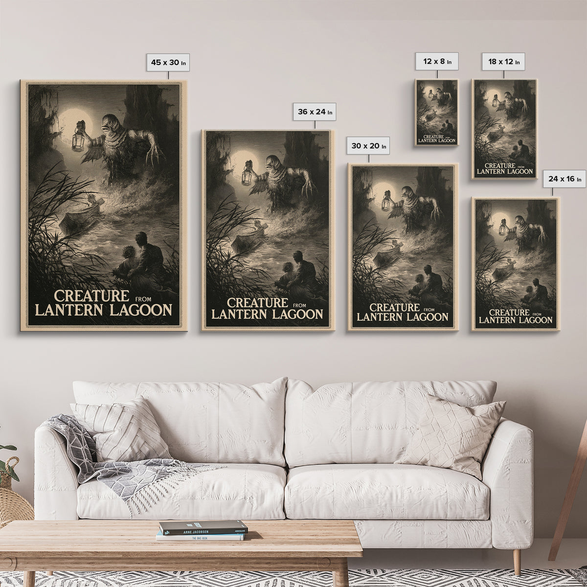 Creature From Lantern Lagoon, English Language Horror Movie Poster, Gothic Engraving Art, Gothic Cinema Wall Art, Framed Canvas Print
