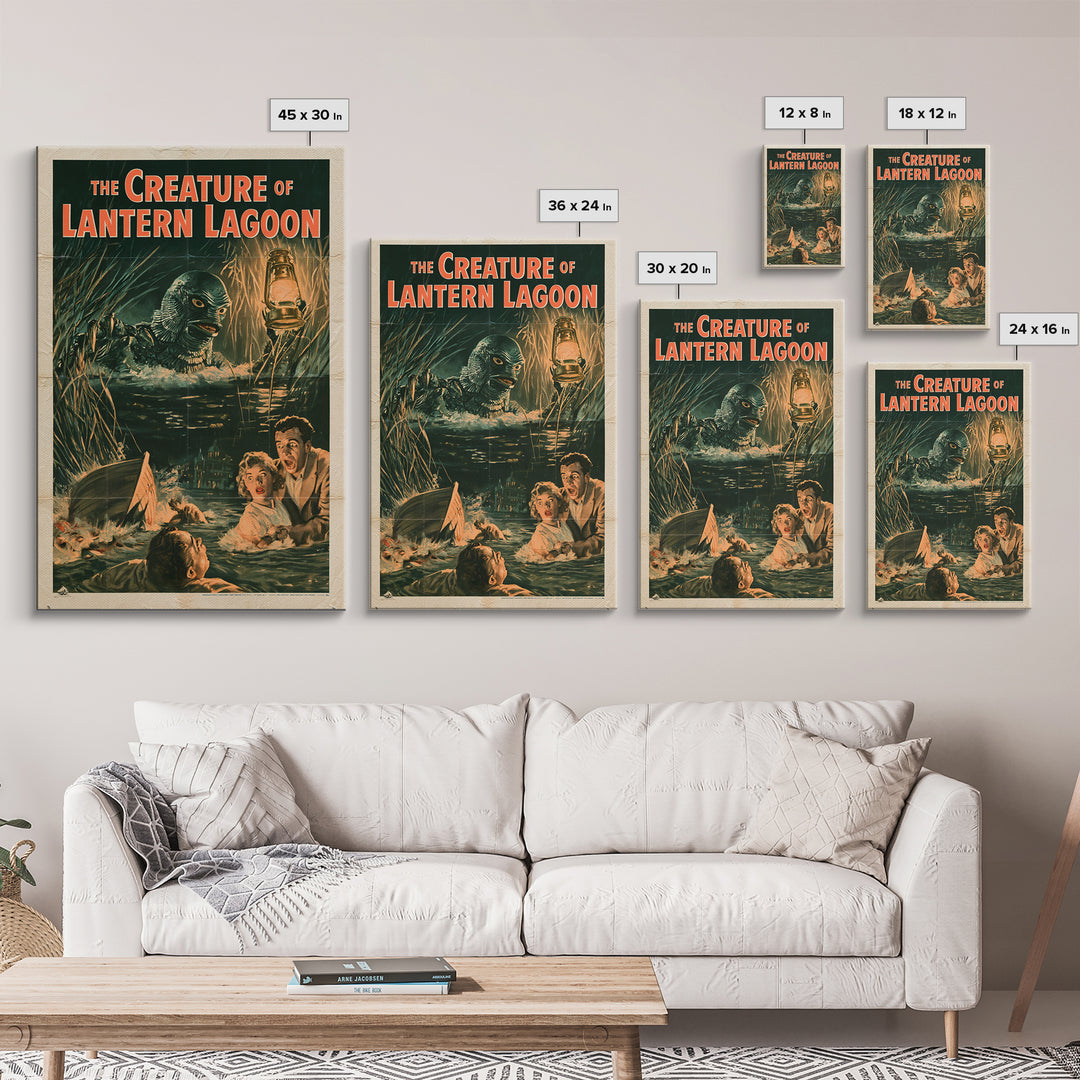 The Creature Of Lantern Lagoon, English Language Horror Movie Poster, 1950s Creature-Feature One-Sheet Inspired Art, Cult Horror Poster