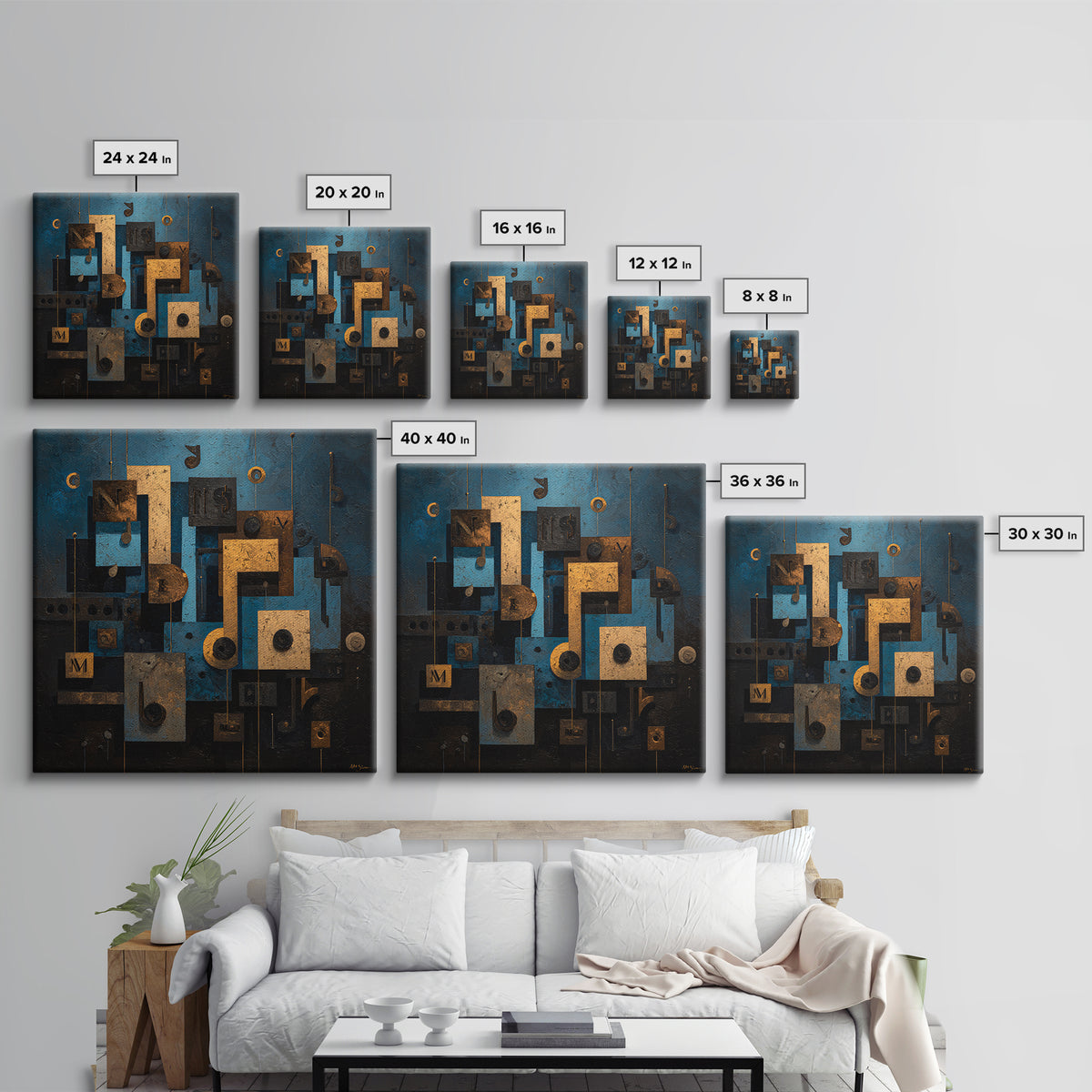 Musical Notes as Abstract Floating Shapes Without Framed Canvas Print, Music Studio Art, Music, Studio Decor, Fine Art, Rhythm, MSA-1x1-12