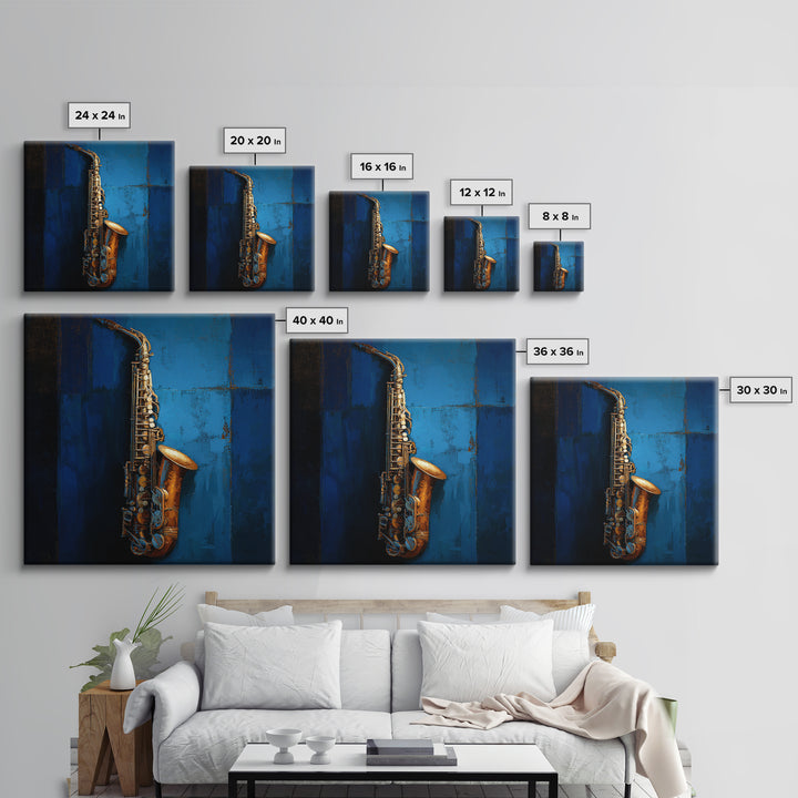 Jazz Saxophone with Smoky Blue Background Framed Canvas Print, Music Studio Art, Watercolor Print, Studio Decor, Rhythm, MSA-1x1-2