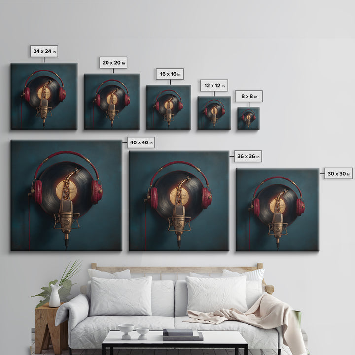 Headphones Around a Glowing Record Canvas Print, Music Studio Art, Music Posters, Studio Decor, Fine Art, Rhythm, Music Lover, MSA-1x1-35